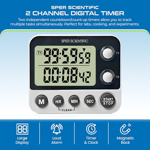 Sper Scientific 2 Channel Digital Lab + Kitchen Timer with Color Coded LED Lights 810002 – Dual Countdown Timer with Large Display, Loud Alarm & Clock Mode - for Cooking, Labs & More - 2 pc - size: 2 Pack