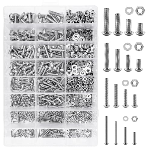 Mywish 1290 Pieces M2 M3 M4 M5 Screw Nuts and Bolts Assortment Kit, Metric Screws 304 Stainless Steel Button Head Socket Cap Metric Screw Assortment with Flat Washers/Nuts/Hex Wrenches 16 Sizes - color: SIiver, size: 1290Pcs M2 M3 M4 M5