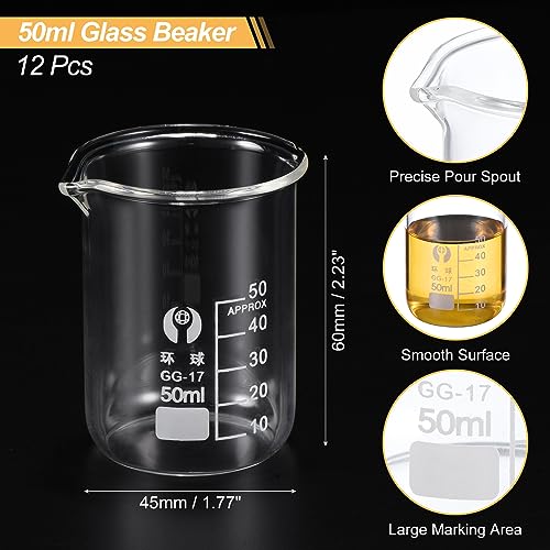 PATIKIL 50ml Low Form Glass Beaker, 12 Pack 3.3 Borosilicate Glass Graduated Printed Scale Measuring Cups with Spout for Kitchen Lab Liquids - size: 50ml