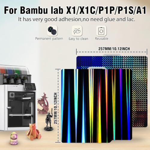 JUUPINE 3D Printer H1H Build Plate for Bambu Lab P2S/X2D/A1/X1C/X1/X1E/P1P/P1S Holographic Carbon Plate 257x257mm Smooth Textured PEI Spring Steel Plate Removable Platform (Light Beam +Phantom) - color: Light Beam+Phantom