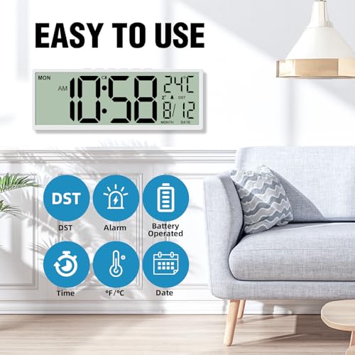 XREXS 14.5" Digital Wall Clock Battery Operated with Big Digits LCD Screen Display, Large Display Timer with Temperature Date Week Auto DST, Alarm Clock for Classroom, Livingroom, Office - style: PH-09 White