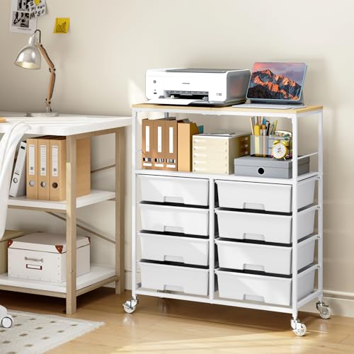 APEXCHASER Rolling Storage Cart with 8 Large Drawers, Wooden Tabletop - color: White