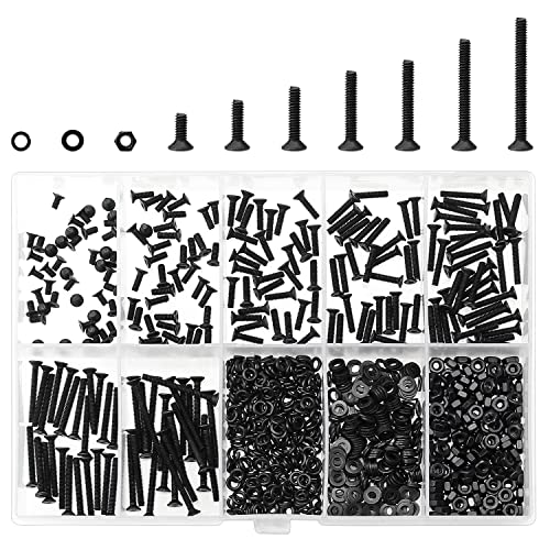 HELIFOUNER 560 Pieces M2 x 4mm /6mm /8mm /10mm /12mm /16mm /20mm, Countersunk Head Socket Cap Screws Bolts Washers Nuts Kit, 10.9 Grade Alloy Steel, Full Threaded, Black - size: M2, style: Countersunk Head