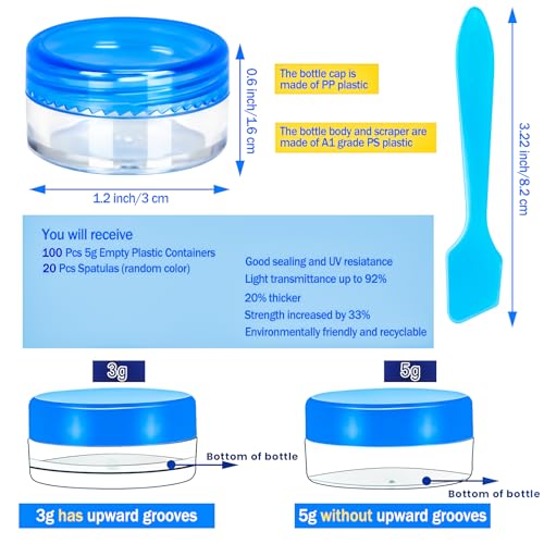 100 Pcs 5g Empty Plastic Containers with Blue Lids,Mini Makeup Sample Containers, Small Sample Pot Jars Round Cosmetic Jars with Mini Spatulas for Liquid Sample Powder Creams Lotions - color: Blue, size: 100PCS