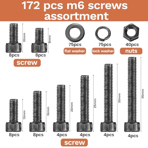Hapric 172 Pcs M6 Bolts Assortment Kit, M6x 8-35MM Screw Kits - color: Black, size: M6x8mm-35mm 172Pcs