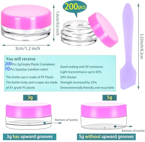 200 Pcs 3g Empty Plastic Containers with Lids,Tiny Makeup Sample Containers Small Pot Jars Clear Round Cosmetic Jars with Mini Spatulas for Lotion Liquid Sample Powder Creams (Colored Lid) - color: Colored, size: 200PCS