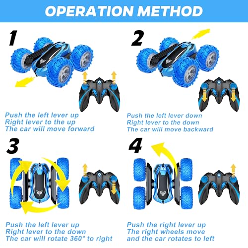 KKONES Remote Control Car, 2.4GHz Double Sided 360° Flips RC Stunt Car - color: Blue
