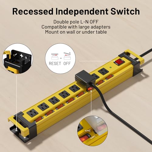 Plug'n 8 Outlet Long Power Strip,2700J Surge Protector with Individual Switches,Wide Spaced,Heavy Duty Power Strip with 6FT/14AWG/15A Power Cord and Flat Plug for Workshop,Garage,Industrial,Home - color: yellow(8 outlet), size: 6FT