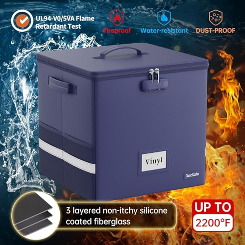 DocSafe Vinyl Record Storage Box with Lock,Fireproof Record Organizer Storage for 100+ Single Records(12-inch), Collapsible Storage Crate with Lid & Handles for Valuable Album Collection,Blue,2 Pack - color: Blue, size: 13"x13"x13", 2 pack