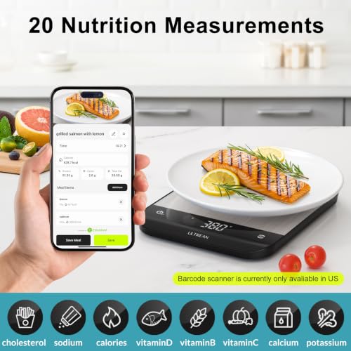 Ultrean Smart Food Kitchen Scale with Nutritional Calculator, App for Macro & Calorie Tracking, AI Scan, Digital Grams and Ounces for Weight Loss, Rechargeable, Stainless Steel, 33lb /15kg - color: Brushed Silver
