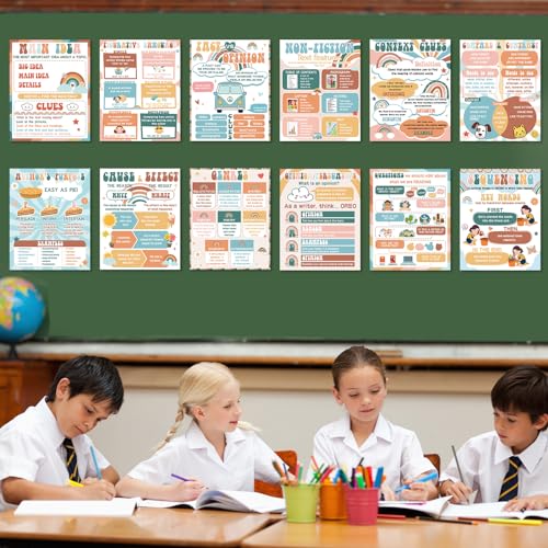 QOUBAI 12pcs Reading Comprehension Posters Groovy Hippie Classroom Decor - color: Groovy