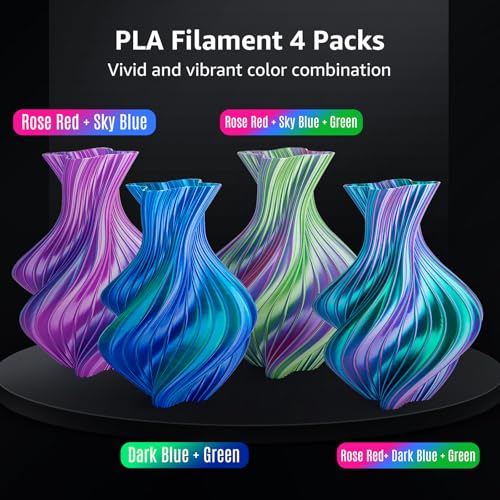 Silk PLA+ Pro 1.75mm 3D Printer Filament - 4 Spool Multi-Color Bundle (250gx4) with Rose Red/Sky Blue/Green/Dark Blue- Tri-Color & Dual-Color Shine Vibrant Filament, Total 1KG - color: 2 Tricolors+2 Dual Colors Pack 2, size: 250g 4 Packs