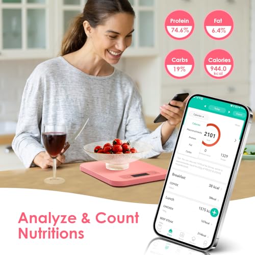 URAMAZ Smart Food Scale with Nutritional Calculator, Digital Kitchen Scale with Bluetooth App for Weight Loss, Food Weight Scale for Diet, Keto, Macro, Calories Counting, Tracking, 11lb - color: Pink