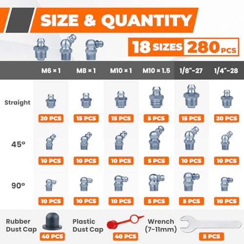 280PCS Grease Fittings Assortment, SAE & Metric Grease Zerk Fittings 18 Standard Sizes, Straight 45 90 Degree with Caps and Wrench Kit(7-11mm) for Grease Gun - size: 280