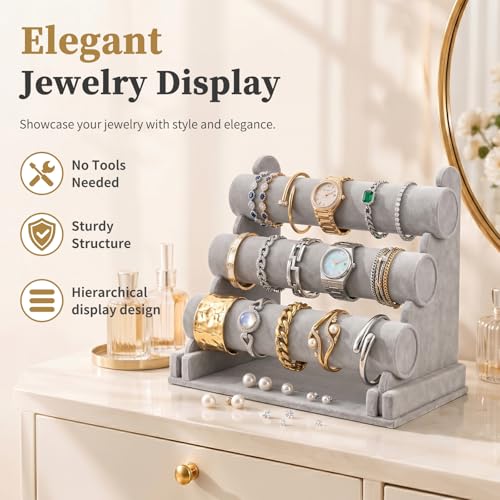 Barelove Velvet Bracelet Holder with 3 Tier Rack, Grey T-Bar Storage Organizer Detachable Display Stand for Necklace Watch Bangles Bracelets Scrunchies Organization Showcase - color: Grey