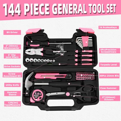 144-Piece Household Tool Set, Pink Tool Kit with Plastic Toolbox - color: Pink, size: 144-Piece