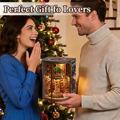 Book Nook Kit for Adult-3D Wooden Puzzles Miniature Library Bookshelf Insert Bookend Decor,Adult Miniature Model with LED Light and Dust Cover, Touch Switch, Adult Craft Kits Gift - style: Wisdom Rings