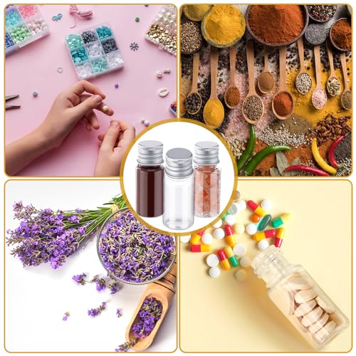200 Pcs 10ml Mini Plastic Bottles Vials Tiny Jar with Aluminum Screw Lid Cap Clear Plastic Sample Container with Sealed Top Metal Lid for Cosmetic Essential Oil Specimen(Silver and Clear) - color: Silver and Clear
