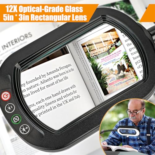 Veemagni 12X Rectangle Magnifying Glass with Light and Stand, Flexible Gooseneck LED Lighted Desk Lamp, 5 Color Modes Stepless Dimmable, Hands Free Magnifier for Reading Crafts Painting Close Work - color: Black, size: 12X-12.2inch