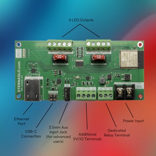 WLED Controller - Eternaglo Plus ESP32 5V-24V LED Control Board With 6 LED Outputs, Ethernet, and Relay Terminal - WLED Pre-Installed and Pre-Configured