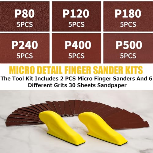 Finger Sander for Crafts 2 Pack with 30 Sheets 3.5 x 1 Inch Sandpaper 80 120 180 240 400 600 Grit Sanding for Crafts DIY Wood Finishing Tight Narrow Space Detail Polishing Micro Gator Sander - color: 2 Pack Sander + 30 Sheets Sandpaper (Red)