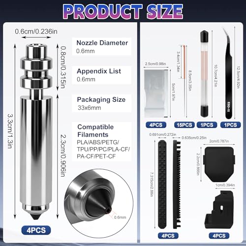 4PCS 0.6MM Kobra X Nozzles Kit for Anycubic Kobra X/Kobra 4, Hardened Steel Nozzle Quick-Swap Integrated Hotend, High Temp High Speed Printing 600mm/s, with Silcone Cover Nozzle Brush Cleaning Needles - color: 32PCS