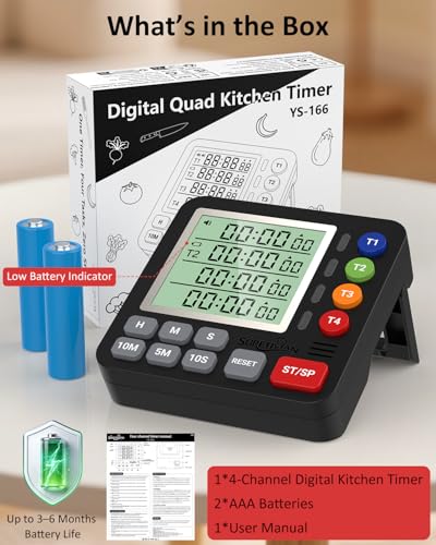 Digital Kitchen Timer with 4 Channel, Loud Alarm and Silent Mode - color: Black