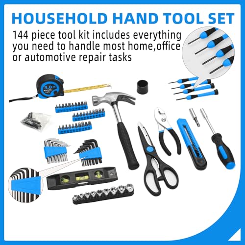 144-Piece Blue Tool Kit for Home, Household Hand Set with Plastic Toolbox - color: Blue, size: 144-Piece
