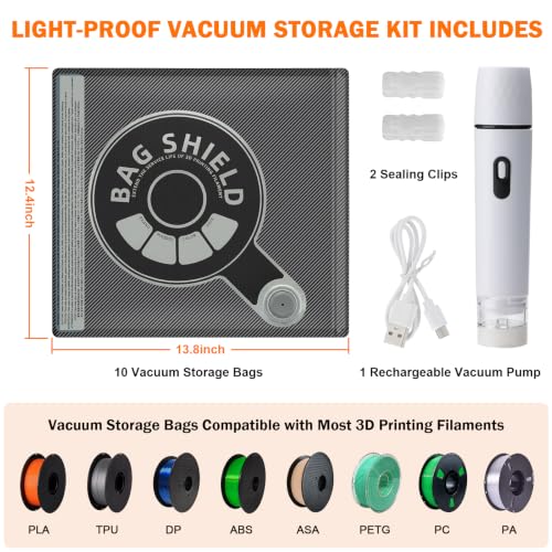 3D Printer Filament Vacuum Storage Bags Kit with Wireless Rechargeable Vacuum Pump, 10pcs Light-Proof & Moisture Resistant Filament Vacuum Sealed Bags, Reusable Vacuum Bags for Filament(12.4" X 13.8") - size: 10 Bags + USB Pump