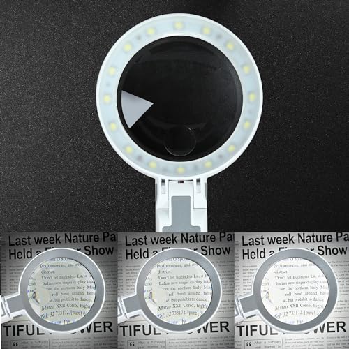 TECHSHARE 6X Rechargeable Magnifying Glass with 16 LED Light, Foldable Handheld Stand, Lightweight LED Magnifier for Reading Books/Newspaper/Small Print, Gifts for Mom Dad Grandma Grandpa Seniors - size: 6X-11.5X