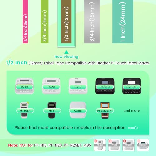5X Replace for Brother Label Maker Tape 12mm 0.47 Multi Color TZe Laminated - color: White Ink on Gold/Silver/Berry Pink/Turquoise Blue/Lime Green Tape, size: 1/2 inch 26.2 feet (12mm x 8m)