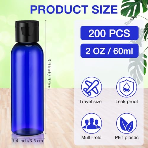 Zhehao 200 Pcs 2 oz Blue Plastic Empty Bottles with Lids(Black Cap) - color: Black Cap, Blue