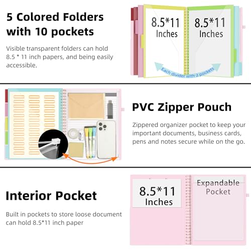 Ospelelf Pink Foldable Spiral Clipboard Folio with with Storage Zipper Pouch, 5 Plastic Folders with 10 Pockets, Leather Clipboard Folder with Notepad, 39 Divider Label Stickers (Rose) - color: Rose