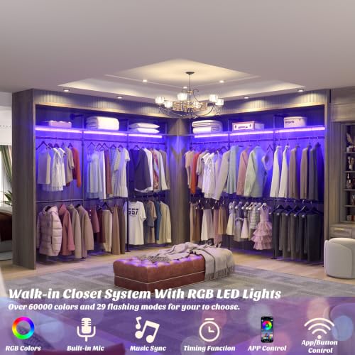 Aheaplus Industrial Pipe Clothing Rack, 118.3'' Closet System with RGB LED - color: Grey Oak, size: III-Large