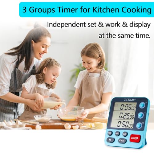 Dual Digital Timer for Kitchen Cooking, 3 Channels Count Down/Up Triple Timer for Kids, Presets Memory Large Display & Magnetic Back Adjustable Alarm Volume, Suit for Kids Teachers Studying, Green