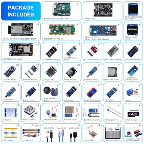 GeeekPi Ultimate Starter Kit,Compatible with Arduino UNO,Arduino Mega 2560,ESP32-WROVER,Raspberry Pi Pico W for RPi Beginners & Software Engineers,Multi MCU Dev Boards,sensors