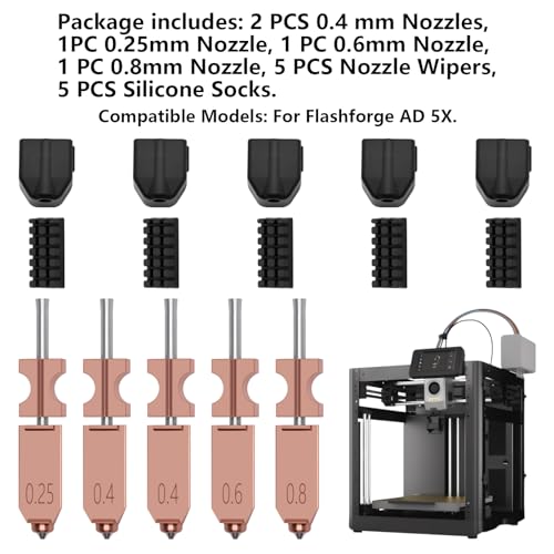 5 PCS Quick-Swap Nozzles Kit for AD5X, 2 PCS 0.4mm, 1 PC 0.25mm, 1 PC 0.6mm, 1 PC 0.8mm Hardened Steel Tip Integrated Nozzles with 5 PCS Silicone Socks and Nozzle Wiper for Flashforge AD5X - style: Multi Size