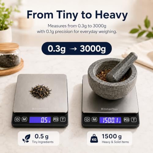 KitchenTour Digital Kitchen Gram Scale - 3000g/0.1g - High Accuracy Precision Food Scale with 9 Units(g/oz/ml/lb/lb:oz/gn/ozt/DWT/ct) - Meat Scale with Back-Lit LCD Display(Batteries Included) - size: 3000g/0.1g