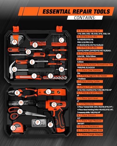 139-Piece Home Tool Kit with 8V Cordless Drill and Storage Case - color: Orange