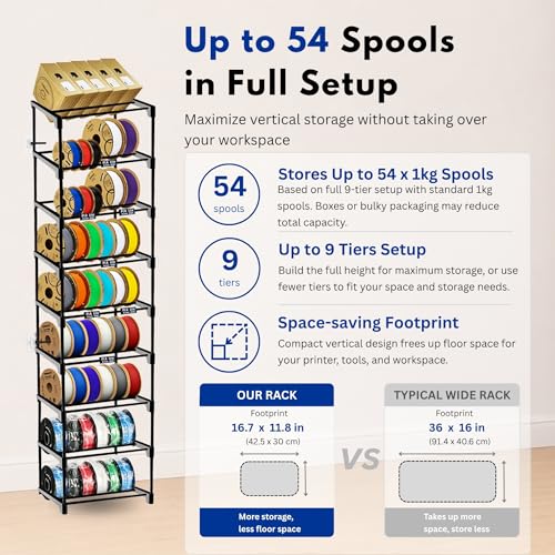 9-Tier 3D Printer Filament Storage Rack, Holds Up to 54 1kg Spools, Space-Saving Carbon Steel Spool Holder Organizer with Anti-Tip Kit, Modular Maker Workspace Storage System, Tool-Free Assembly