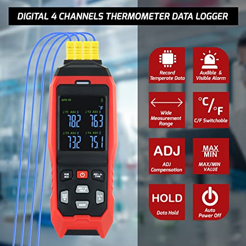 Thermocouple Thermometer Data Logger 4 Channels Digital K Type Thermometer with 5000 Groups Programmable Temperature Recording -328~2501℉ Measuring Range, Audible & Visible Alarm ADJ Compensation - color: Red and Black