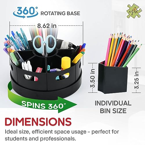 Black Rotating Desk Organizer with Dividers Lazy Susan Caddies for Home School Office Supplies, Pens, Markers and Art Supplies for Classroom - color: Black