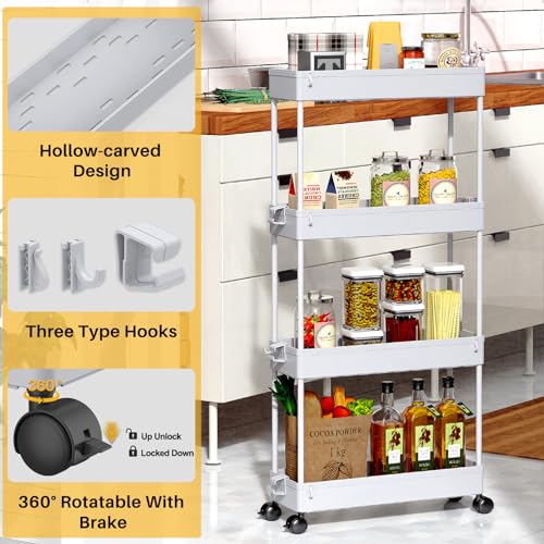 SPACEKEEPER Slim Rolling Storage Cart, 4 Tier Bathroom Cart Organizer, Gray - color: Grey