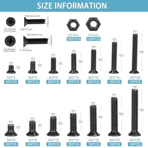 660pcs M3 M4 Countersunk Screws Assortment Kit,Carbon Steel Bolts and Nuts - style: 660pcs-CountersunkScrewsM3M4