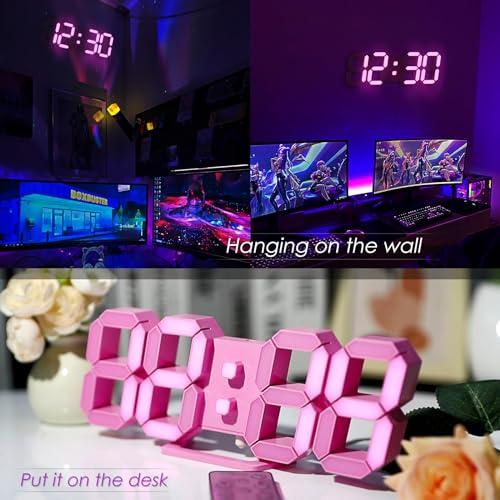 KOSUMOSU Pink LED Clock 3D Wall Clock 9.7" Table Clock for Living Room Modern Digital Clock for Bedroom Aesthetic Bedside Desk Clock with Remote/Dimming/12/24H/Temp/Alarm Clock/Date - color: 9.7in Pink Clock-pink Light