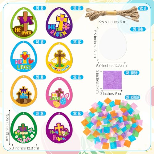 CJiangpo 24 Sets Religious Easter Egg Suncatcher Craft Kits, He is Risen DIY Stained Glass Window Ornament Rainbow Tissue Paper Art Craft for Classroom Sunday School Activities Christian Party Decor - style: Easter Egg