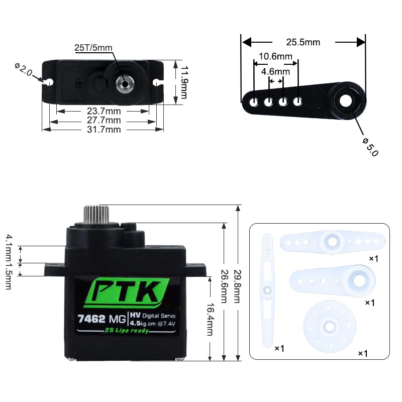 PTK 7462W MG 13g Waterproof Micro Digital Servo Metal Gear Core Motor 4.5kg Torque for SCX24 AX24 1/24 Crawler Cars Robots Fixed Wings Upgrade Parts 180 Degrees (4pcs) - style: PTK 7462W-4pcs