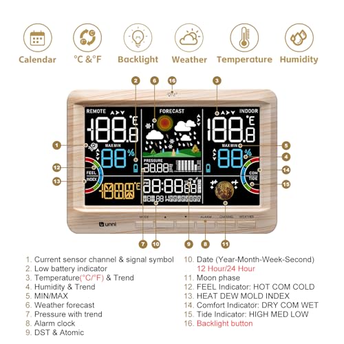 Weather Station Indoor Outdoor Thermometer Wireless Atomic Clock Wood - color: Multi