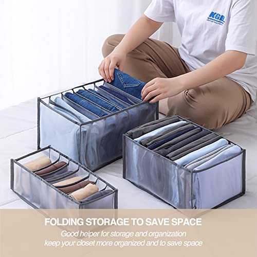 Wardrobe Clothes Organizer, 7 Grids Washable Portable Closet Organizer Mesh Separation Storage Box Foldable Closet Drawer Organizer for Underwear, Socks, Scarves, Jeans (Grey, 3 Jeans Grid) - size: 3 Jeans Grid
