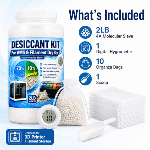 4A Molecular Sieve Desiccant for 3D Printer Filament, 2LB 3D Printer Desiccant Beads Kit with Digital Hygrometer, 10 Organza Bags & Scoop, Reusable Desiccant for Bambu Lab AMS, Filament Dry Storage
